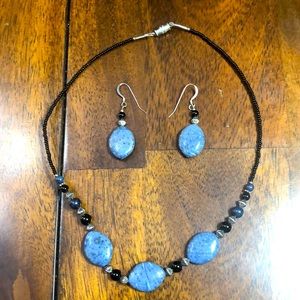 Blue beaded necklace and earring set.